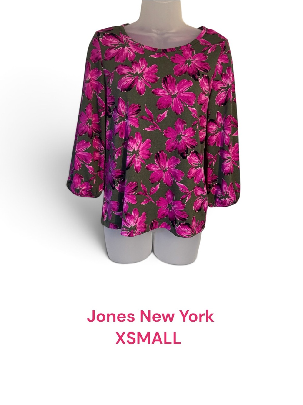 JONES NEW YORK Beautiful Olive Blouse w/Bright Pink Floral Print XSMALL   #9